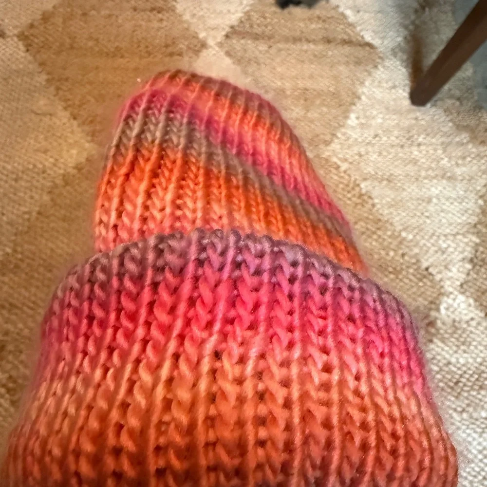 New knit pink striped foldover beanie hat